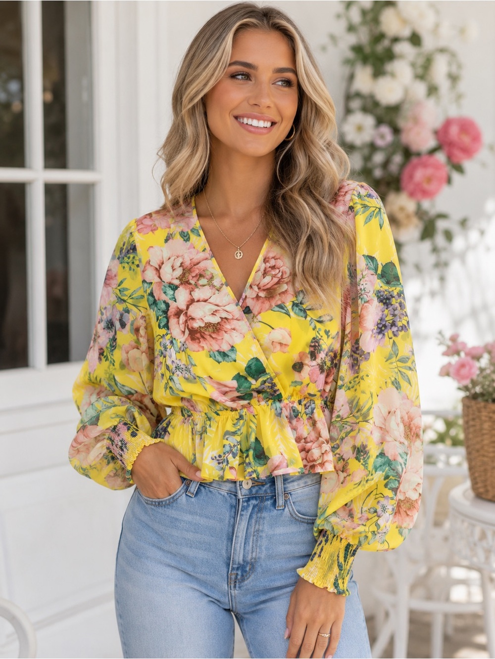 Pink Lily Bright Yellow Floral Surplice Blouse – Women’s Medium
